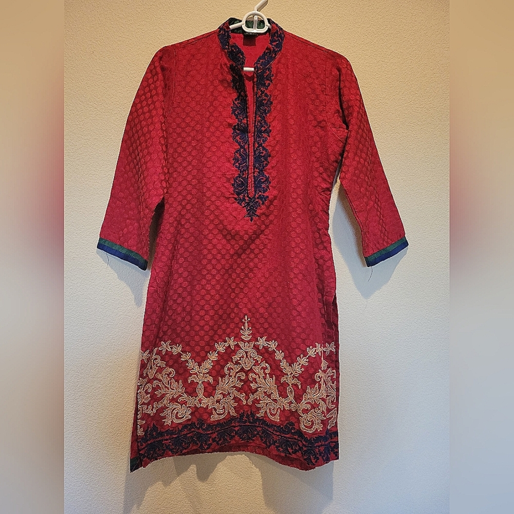 Red Embroidered Women Kurta with Navy Accents